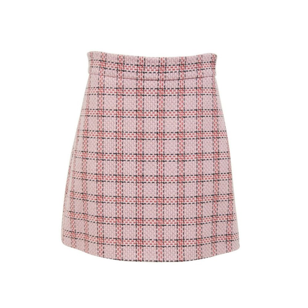 Gucci Pink Blue Red White Tweed Tartan Plaid Short Skirt Wool Silk IT44